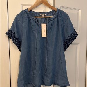 Nanette Lepore Denim Blouse with Black Lace Trim